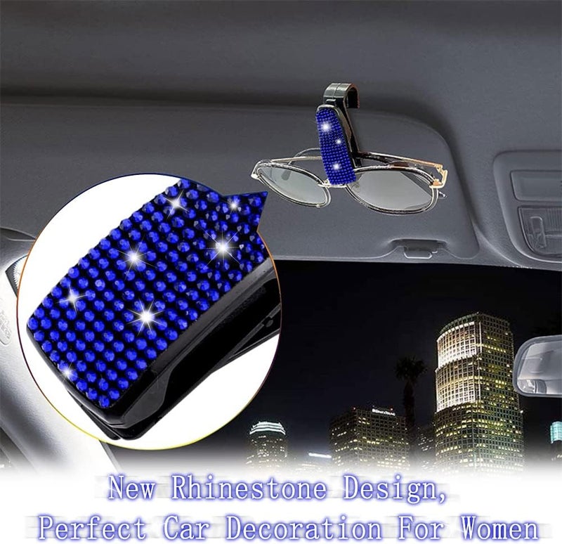 Turcee Set of 2 Bling Rhinestone Car Sun Visor Glasses Holders with Anti-Scratch Sponge,Car Decoration for Women Girls,Ticket Card Clip Visor Organizer,Universal Rhinestone Car Accessories (Jewel Blue) - Image 3